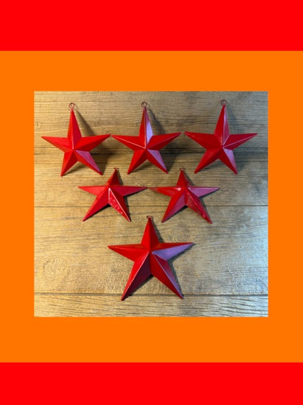 Six (6) Red Painted Tin Star with Hanging Loop 6 3/4" by 6 3/4" Six (6) 16006B